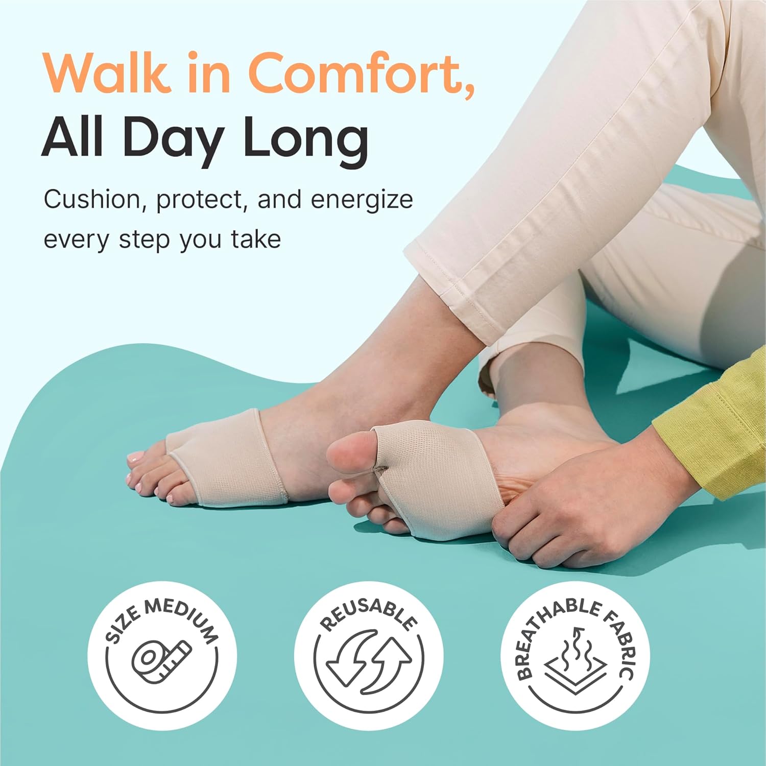 ZenToes Metatarsal Pads for Men and Women - Ball of Foot Pain Relief Cushions for Sesamoiditis, Metatarsalgia, Morton's Neuroma - 2 Pairs Fabric Sleeves with Gel Inserts (Medium, Beige) - Image 2