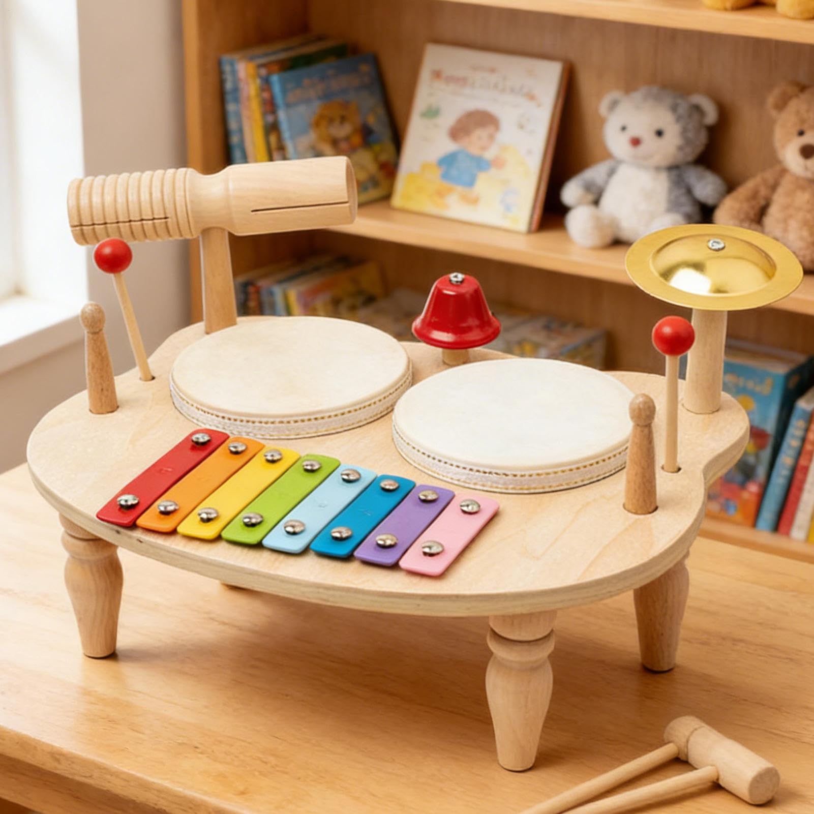 Zestaw Bębnów dla Dzieci Drewniany Wielofunkcyjny Instrument Muzyczny | Bębenki Dla Młodych Muzyków Prezent na Urodziny i Boże Narodzenie do Ćwiczeń Gier i Stółu dla Chłopców i