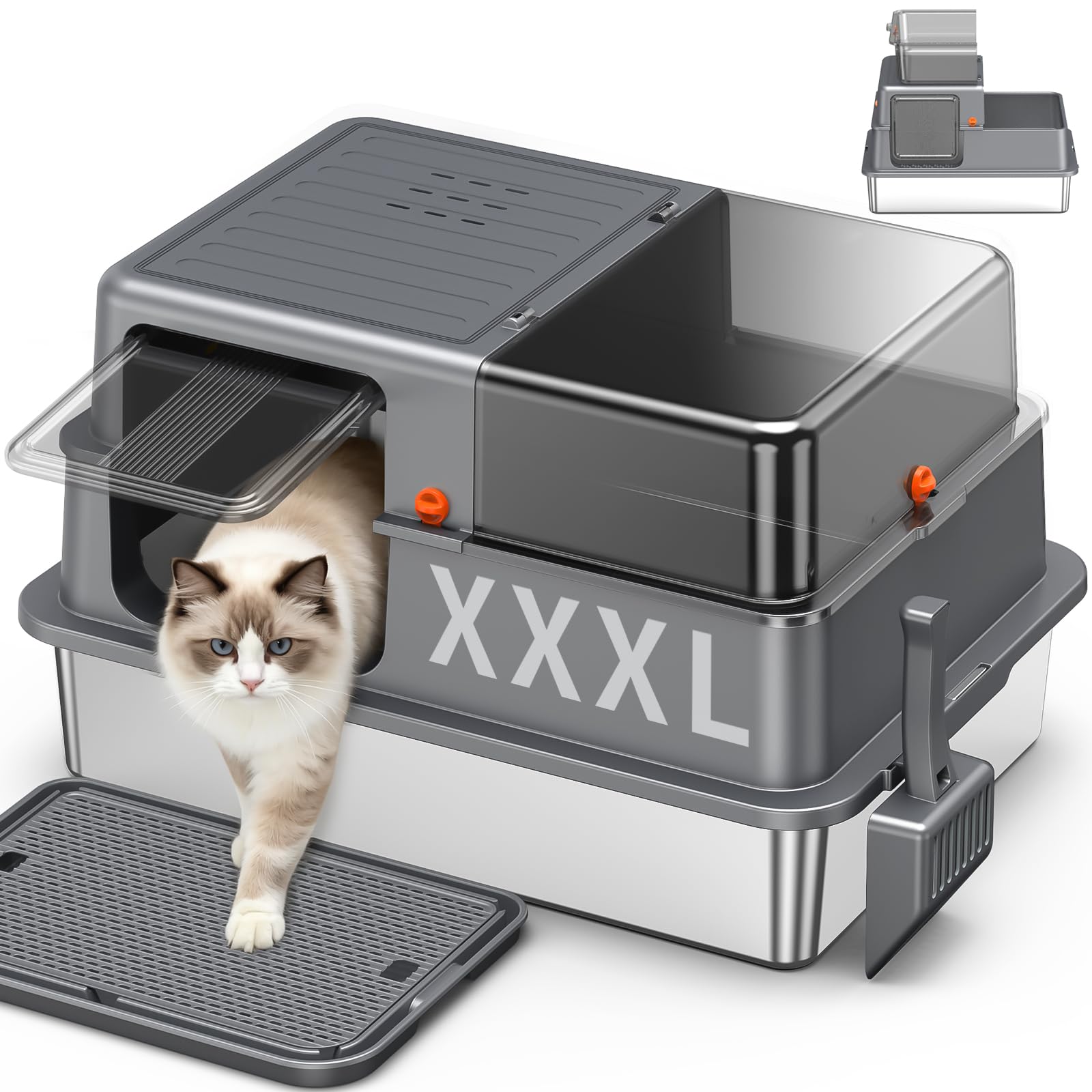 Bac à Litière INOX XXXL – Grand Bac Ouvert pour Chat, Gris foncé | Bords Hauts Anti-Fuite, Panneaux Semi-Transparents, Cuve Profonde Amovible, Surface Antiadhésive, Nettoyage Facile