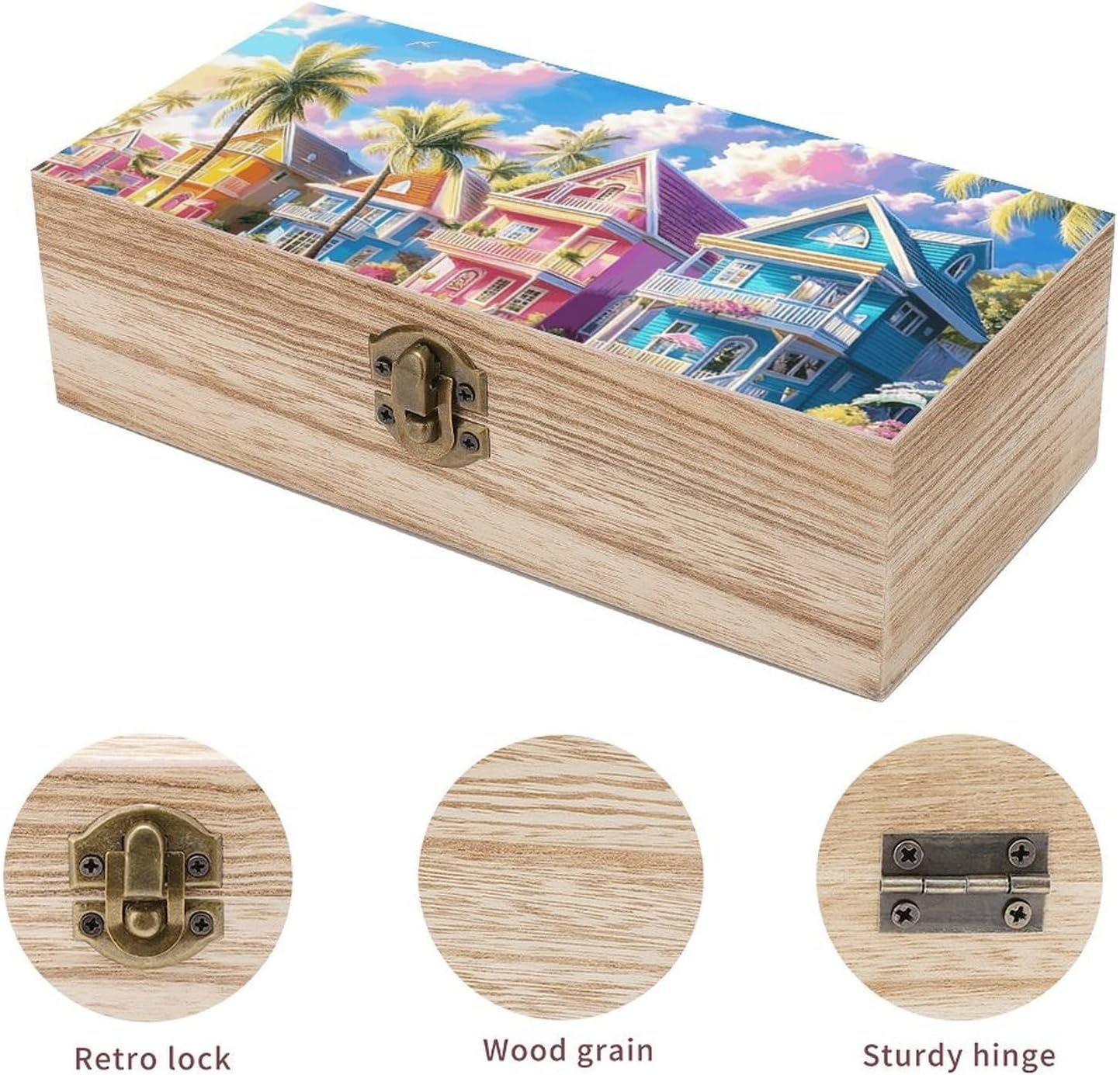 Colorful Houses by The Sea Wooden Keepsake Box Wood Storage Memory Box image 3
