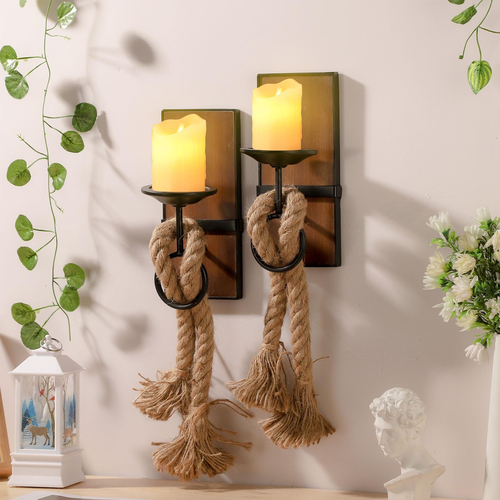 Wall Sconce Candle Holder Black Wall-Mount Metal and Wooden Candle Holders Hanging Iron Wall Candle Sconce Holder with Hemp Rope Decoration, for Home, Living Room, Bathroom, Dining Room, Set of 2