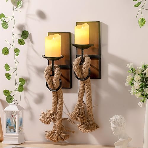 Candelabro de pared negro de metal y madera para colgar velas de pared y decoración de cuerda de cáñamo, para el hogar, sala de estar, baño,