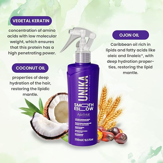 agilise Unika Smooth Blow Brazilian Keratin Treatment | Heat Protector for Hair | Heat Spray Protection for Hair | Protector de Calor para el Cabello | Termoprotector para Cabello | Protector termico