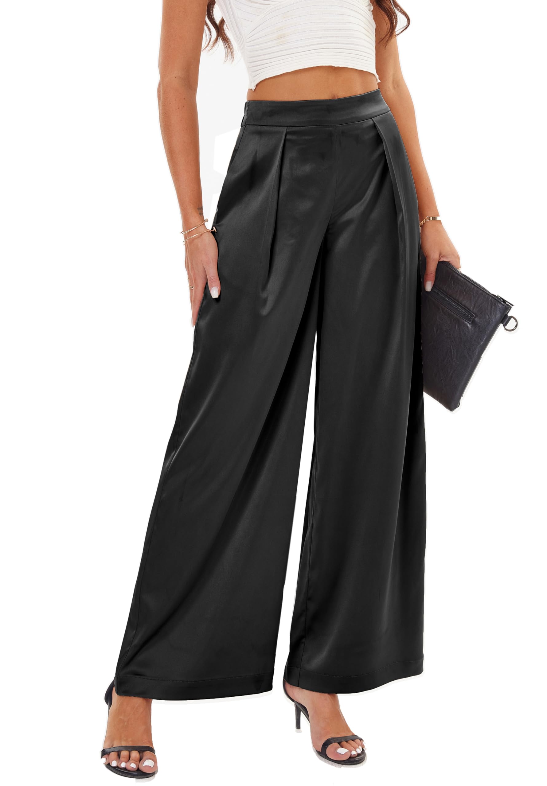 Fakanhui Pantaloni a palazzo da donna a gamba larga, in raso, da lavoro, lavoro, casual, eleganti, pieghettati, per feste, club