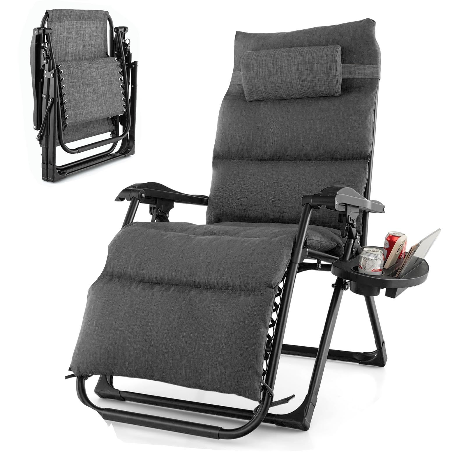 Chaise pliante zéro gravité grise avec siège rembourré et repose-tête