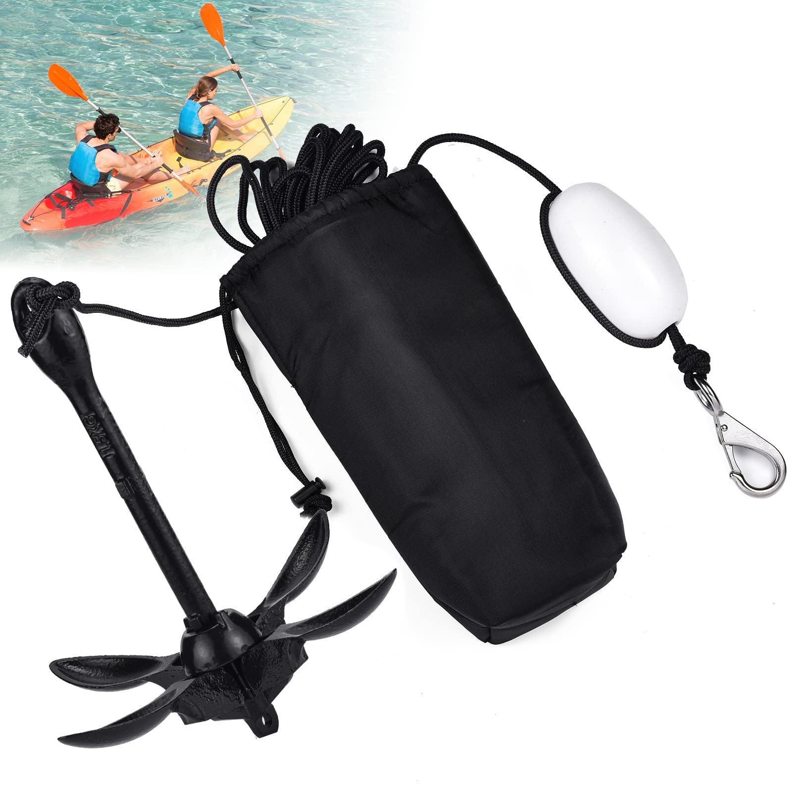 Ganggend Kayak Anchor Kit, 3.5lbs Portable Folding Boat Anchor Kit with 40 ft Rope, 2200lbs Load Capacity Paddle Board Anchor for Canoes Fishing Kayaks Small Boat, Black 1 Piece