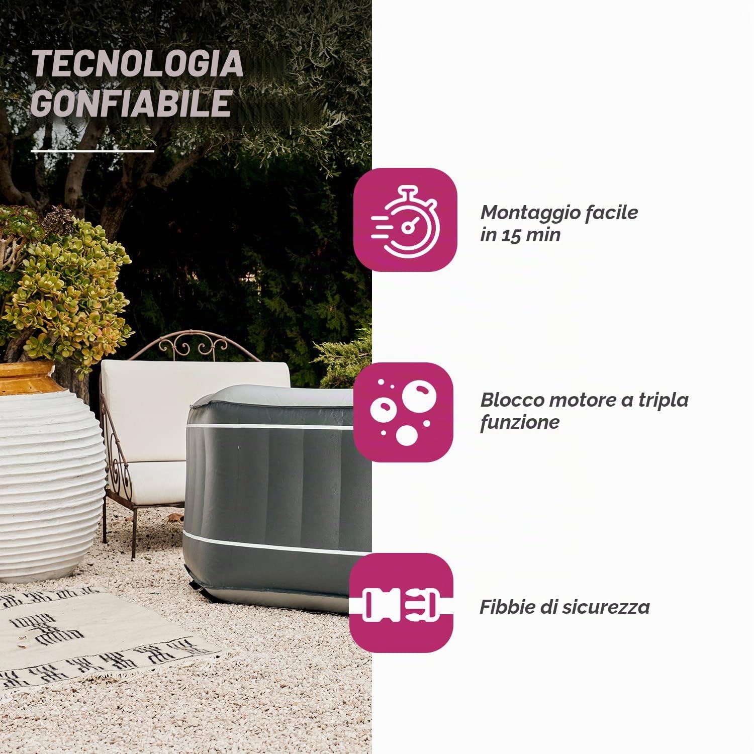 NETSPA - Spa gonfiabile Octogonale SP-SLV155D - 5/6 persone - Silver - 195x195x70Cm - Copertura PVC Laminato Foglia Alluminio - Liner Esterno PVC Laminato