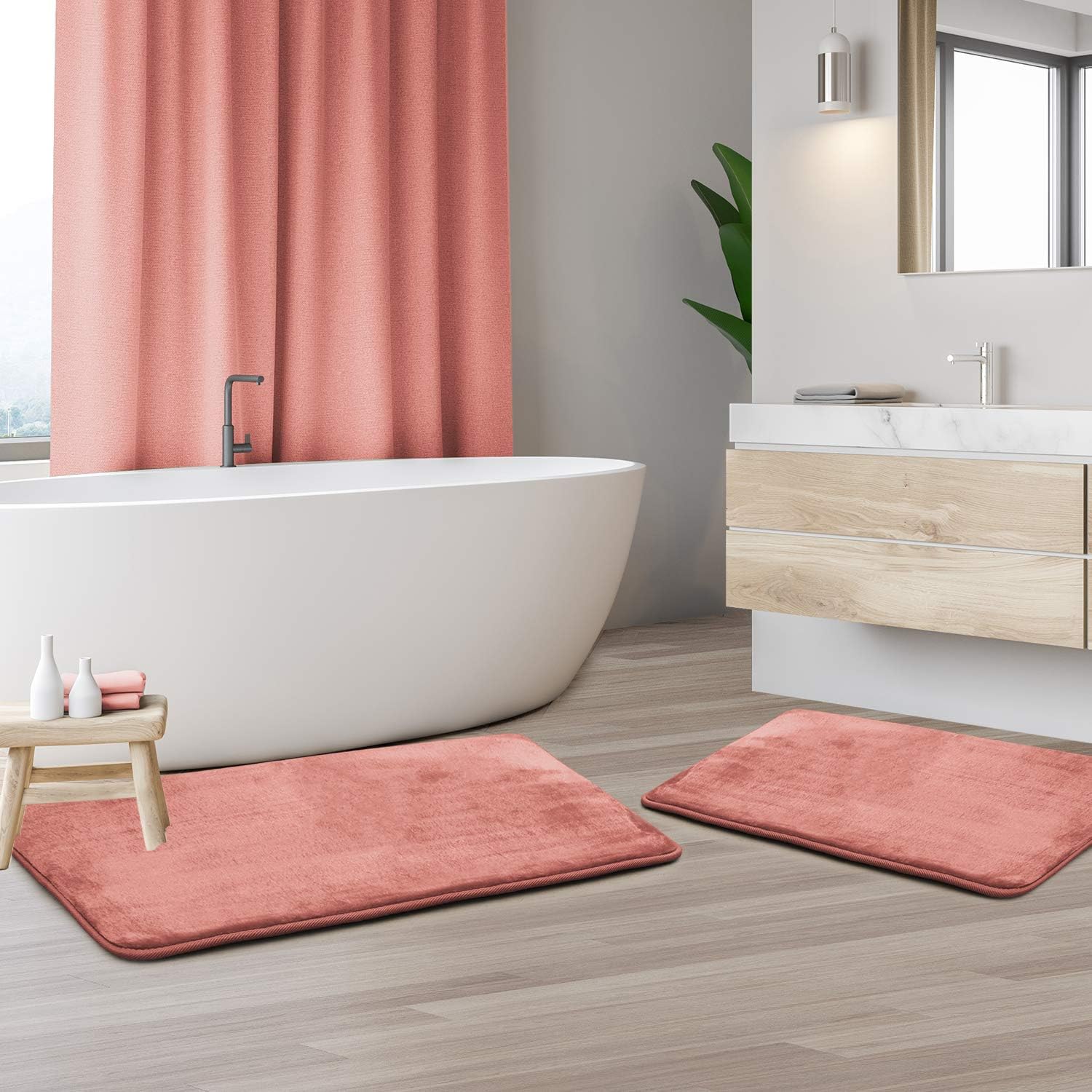 Clara Clark 2 Piece Bathroom Rug Set - Memory Foam, Bath Mat Set, Plush, Cozy, Ultra Soft, Non Slip, Machine Washable, Quick Dry - 24” x 17”+ 32” x 20” -Blush Pink