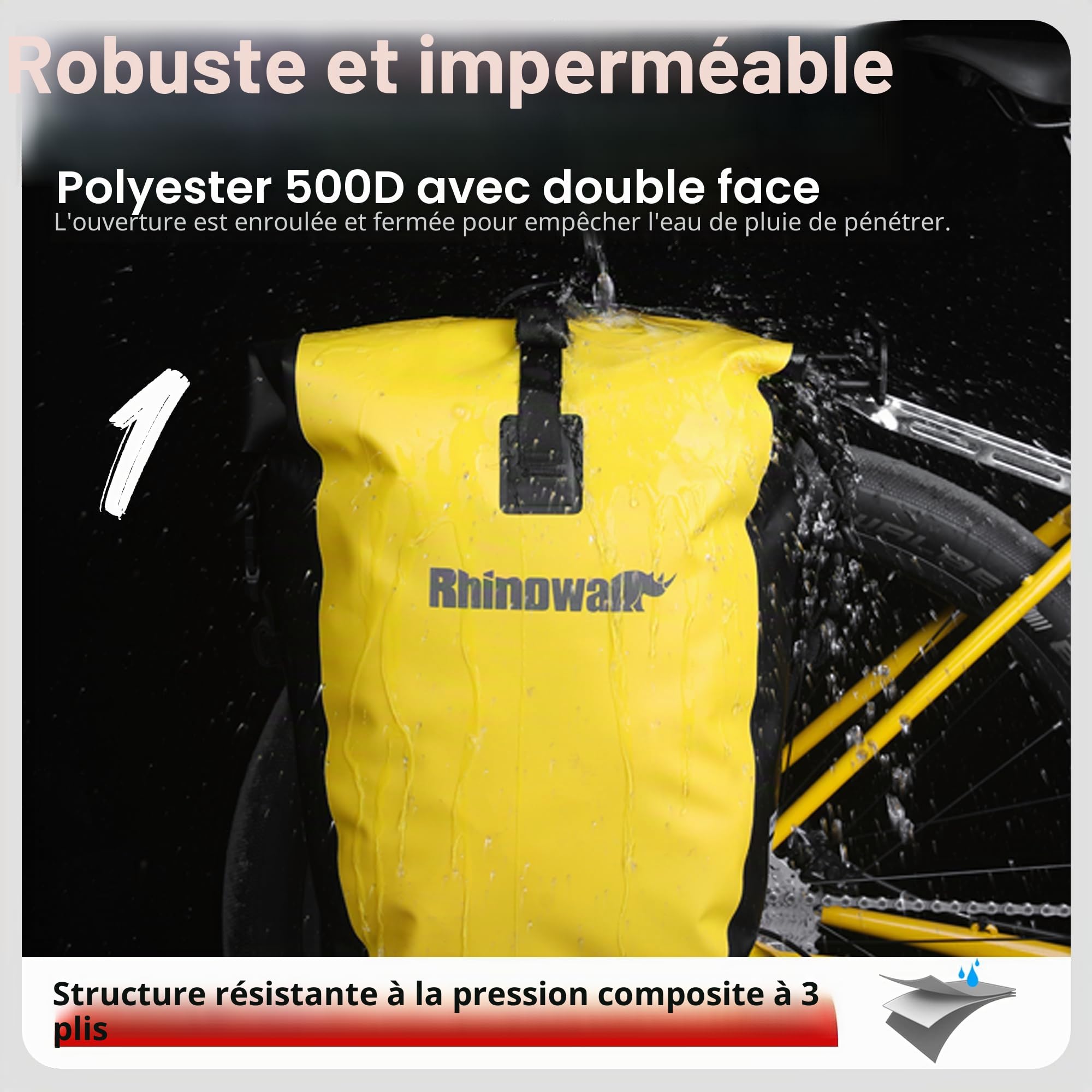 Rhinowalk Sac de vélo étanche 25 l pour porte-bagages de vélo, sac à bandoulière, sacoche d'ordinateur portable, sac de vélo professionnel, jaune