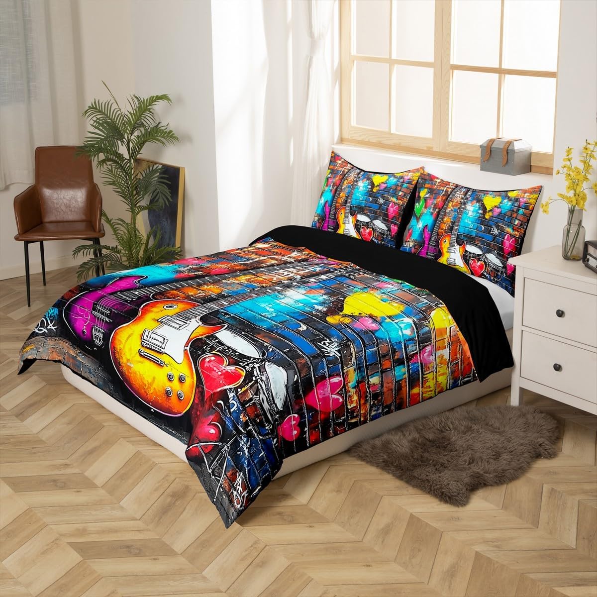 Electric Guitar Duvet Cover Set Twin Size,Tie-dye Graffiti Brick Wall Bedding Set,Boys Girls Room Decor,Rock Music Modern Artwork Comforter Cover,Corlorful Quilt Cover,1 Pillowcase(No Comforter)