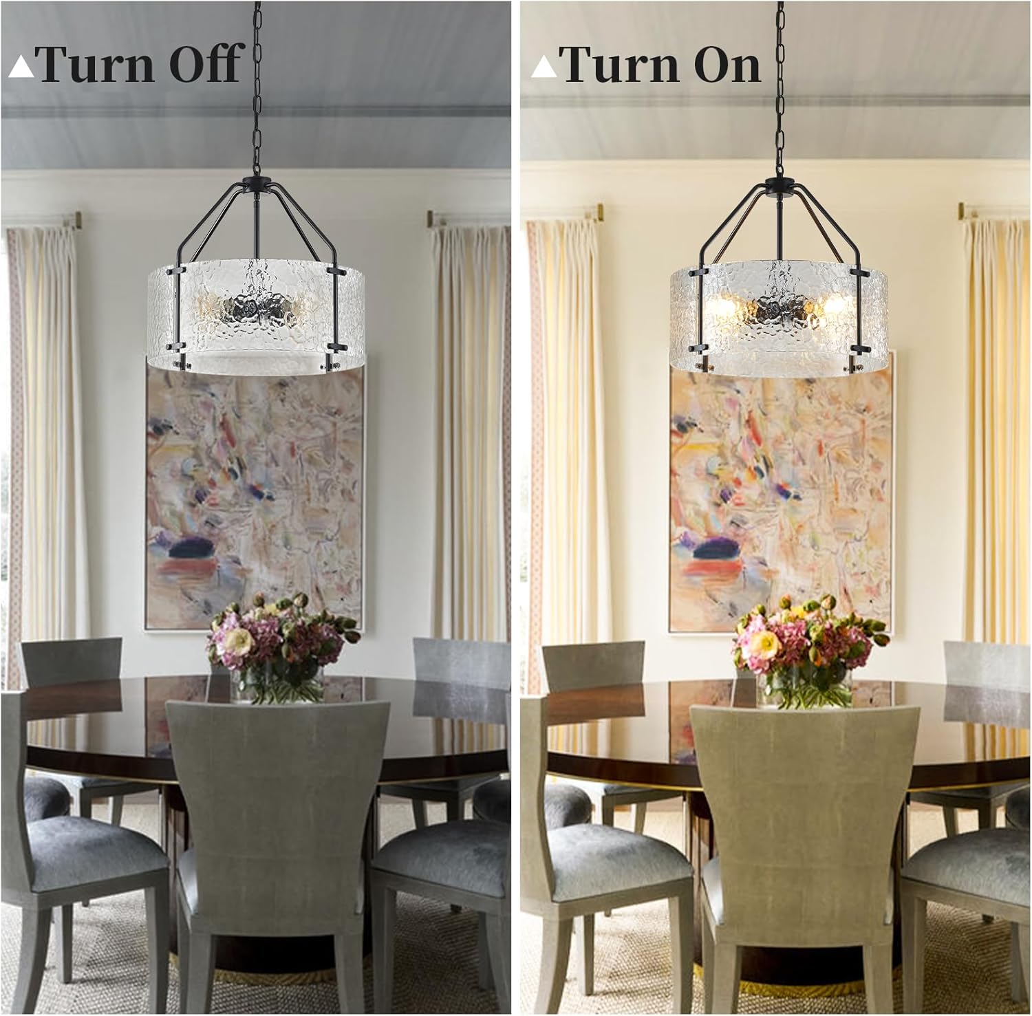 Glass Drum Chandelier for Dining Room 18'' Entryway Light Fixture 4-Light Kitchen Chandeliers Over Table Bedroom Light Fixture for Living Room Hallway Foyer Kitchen