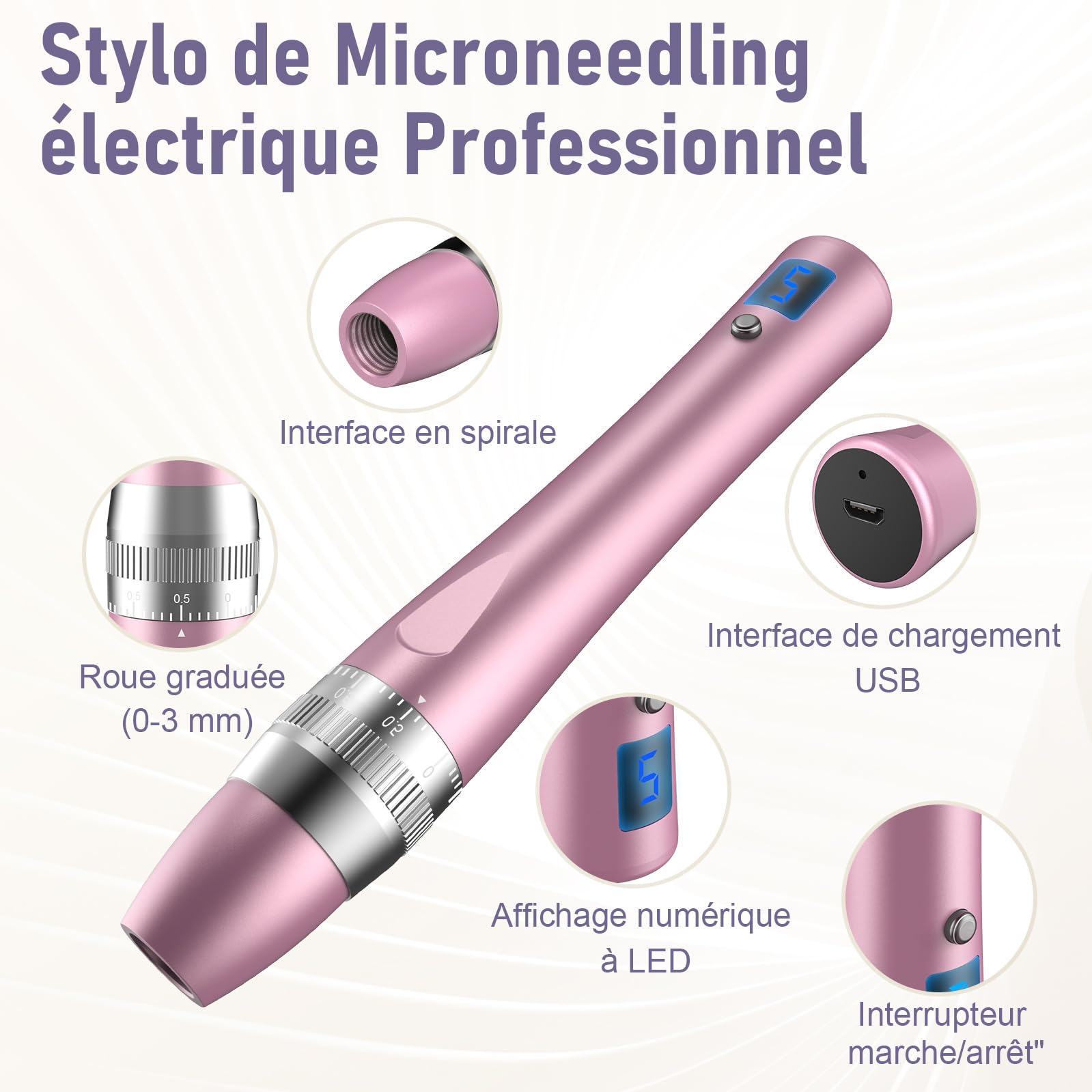 Robofun Stylo Beauté Microneedling avec 7 Lumières, Électrique Microneedling avec 12 Cartouches & 5 Vitesses pour Soin Visage & Corps, Conception Sans Fil et Rechargeable