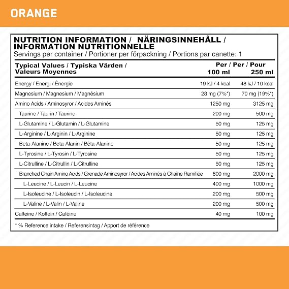 Optimum Nutrition Essential Amino Energy + Electrolytes, Ready to Drink Sugar Free EAA Energy Drink with Electrolytes and Caffeine, Workout Supplement for Men and Women, Orange, 24x250 ml