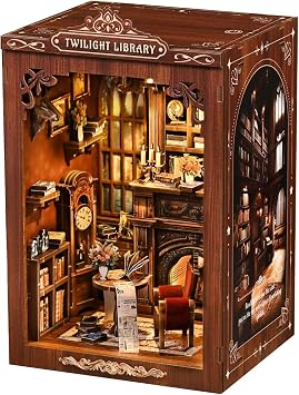 DIY Miniature House Kit, Library Book Knook Kit, 3D Wooden Puzzle Bookshelf Craft Kit, Dollhouse Kit, Mini Building Kit with LED Lights for Adults Teens Twilight Library
