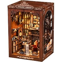 DIY Miniature House Kit, Library Book Knook Kit, 3D Wooden Puzzle Bookshelf Craft Kit, Dollhouse Kit, Mini Building Kit with LED Lights for Adults Teens Twilight Library