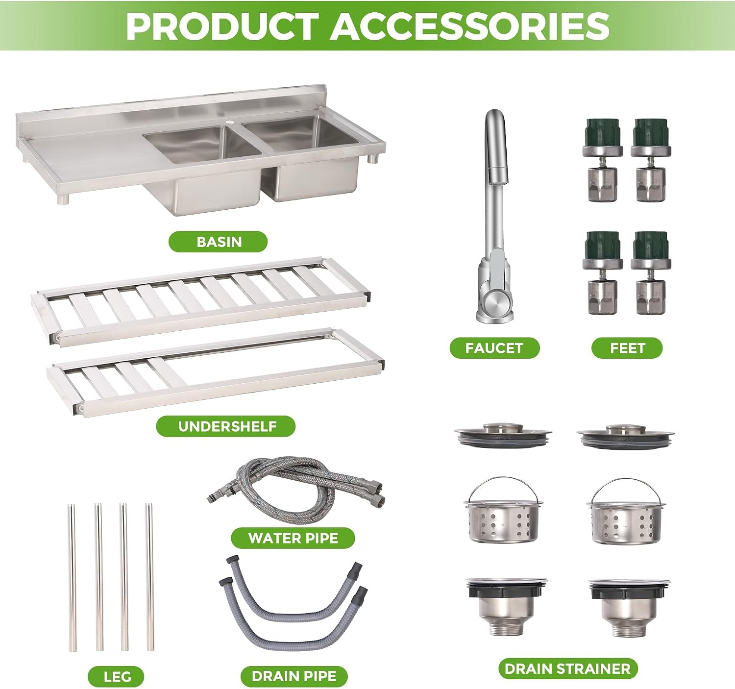 Stainless Steel Utility Sink with Faucet & Workbench, Commercial Freestanding Double Bowl Sink with Hot & Cold Water Pipes, Storage Shelf for Restaurant, Kitchen, Garage, Laundry, Outdoor (47in)