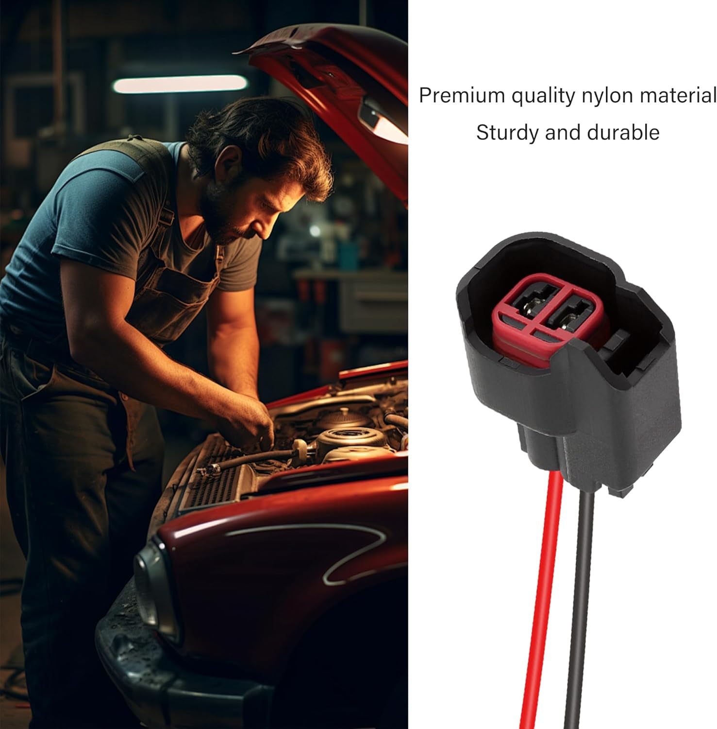 Image showing a mechanic working on an engine, with an IHOTDER fuel injector connector pigtail in the foreground, illustrating the installation context.