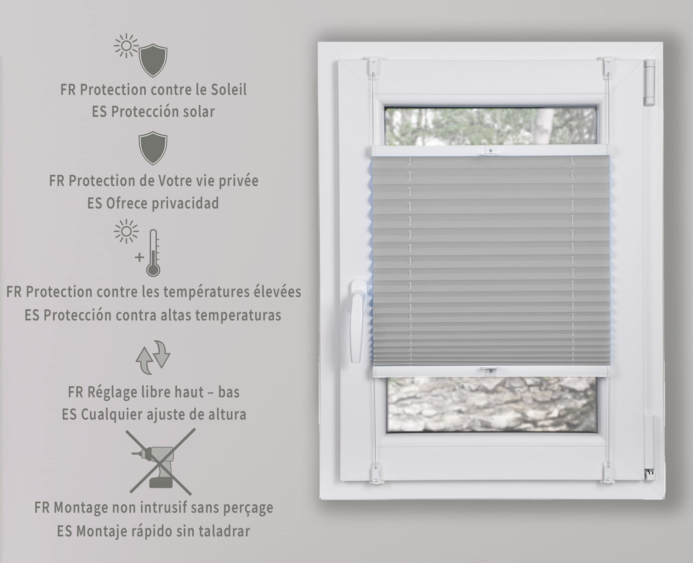 Store Plissé 60x200cm Noir Occultants sans Perçage Facile À Installer Store Enrouleur pour Les Fenêtres et Les Portes Intimité et Protection Contre Le Soleil Ouverture à Double Sens