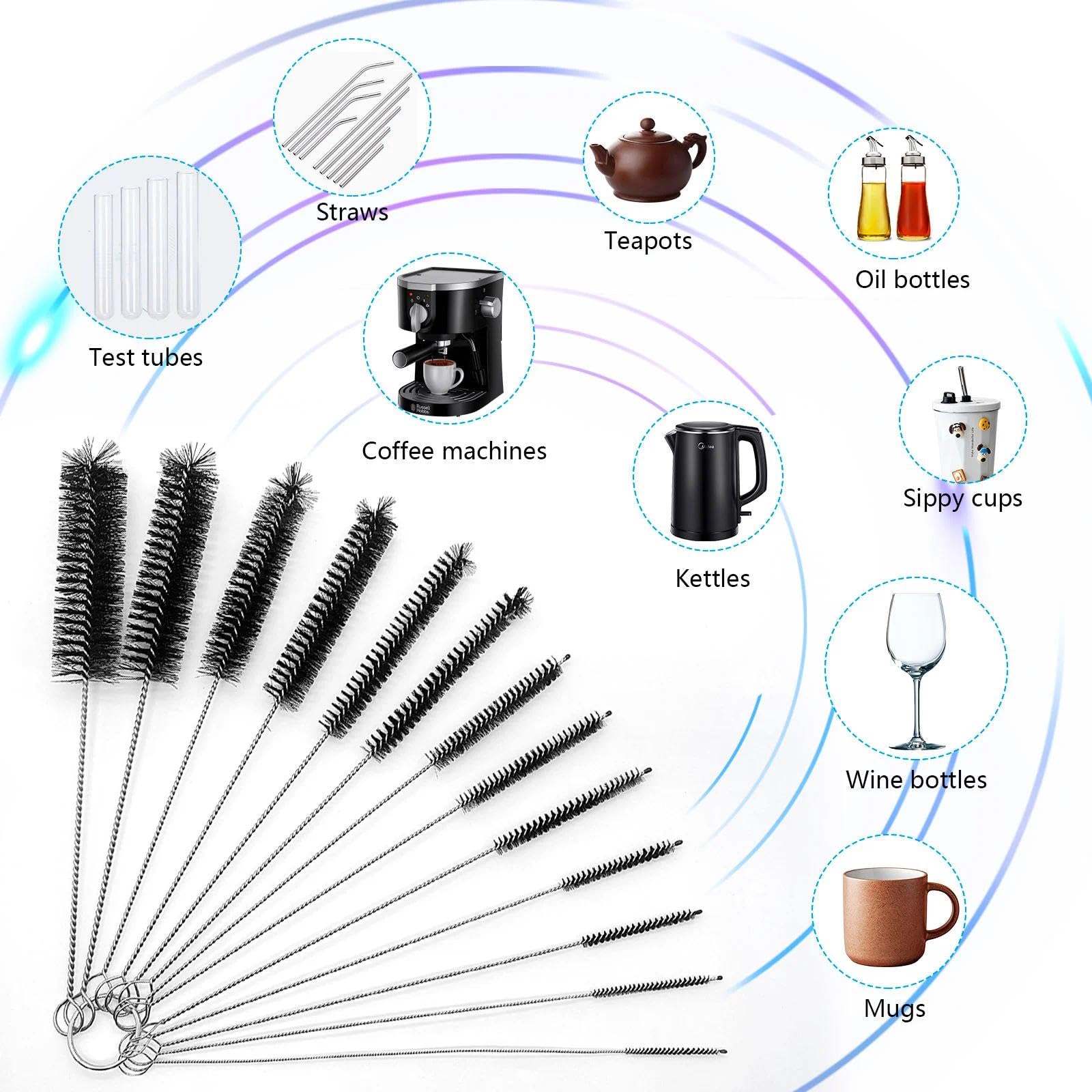Scovolino per Bottiglie - Set di Spazzole per Pulire in Nylon 13 Pezzi per Macchine da Caffè, Tubi per Latte, Teiere e Beccucci