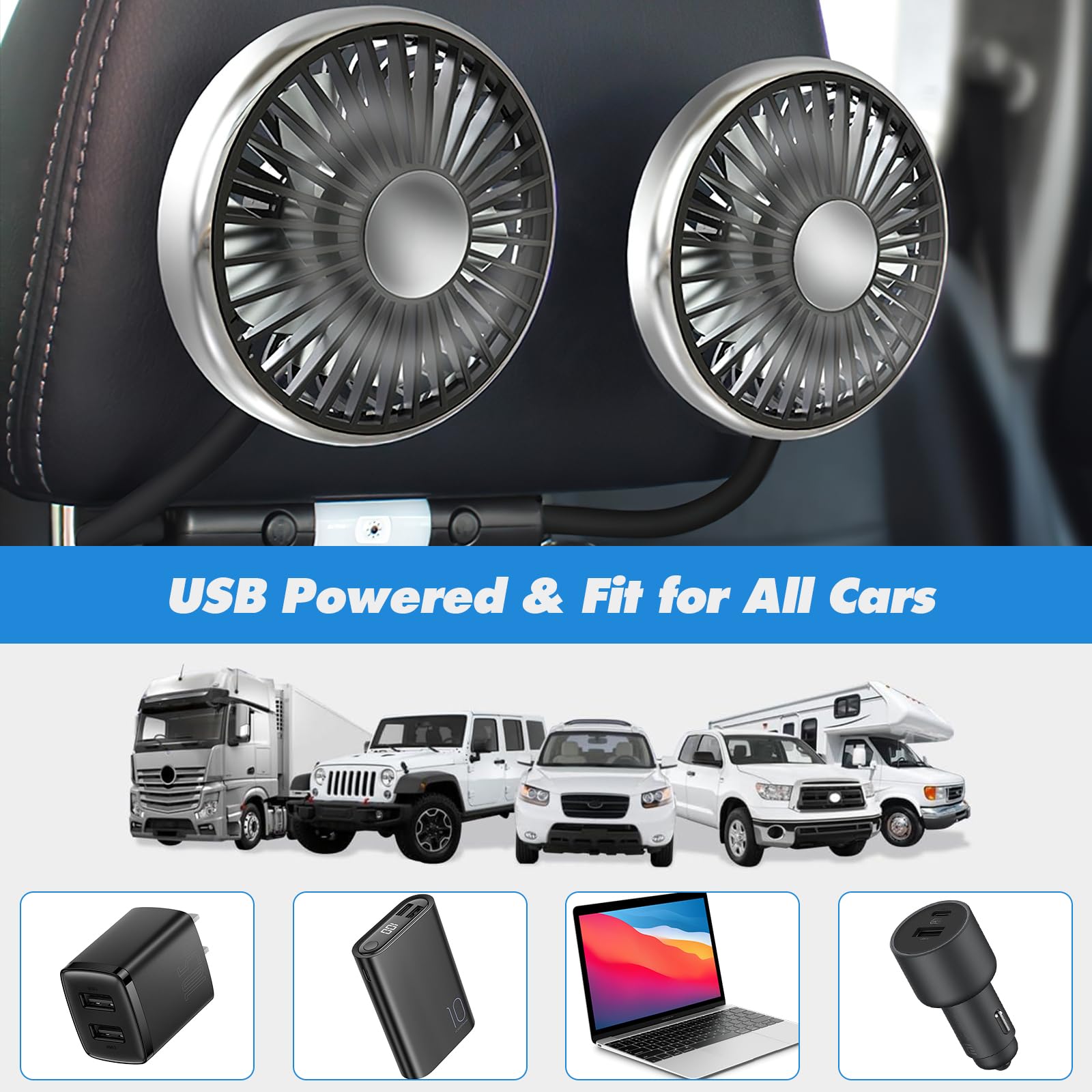 Ventilateur de voiture pour Banquette Arrière Ventilateur USB à Double Tête, 3 vitesses et rotation à 360° Ventilateur de refroidissement Automatique de Voiture, s pour camion SUV RV