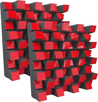 2 Pack Sound Acoustic Studio Diffuser Sirius | 2D QRD | Diffusion - Reflection - Absorption - Soundproofing | Wall Art Panel | 20"x20"x6" 50x50x15.3cm, Red glossy plastic