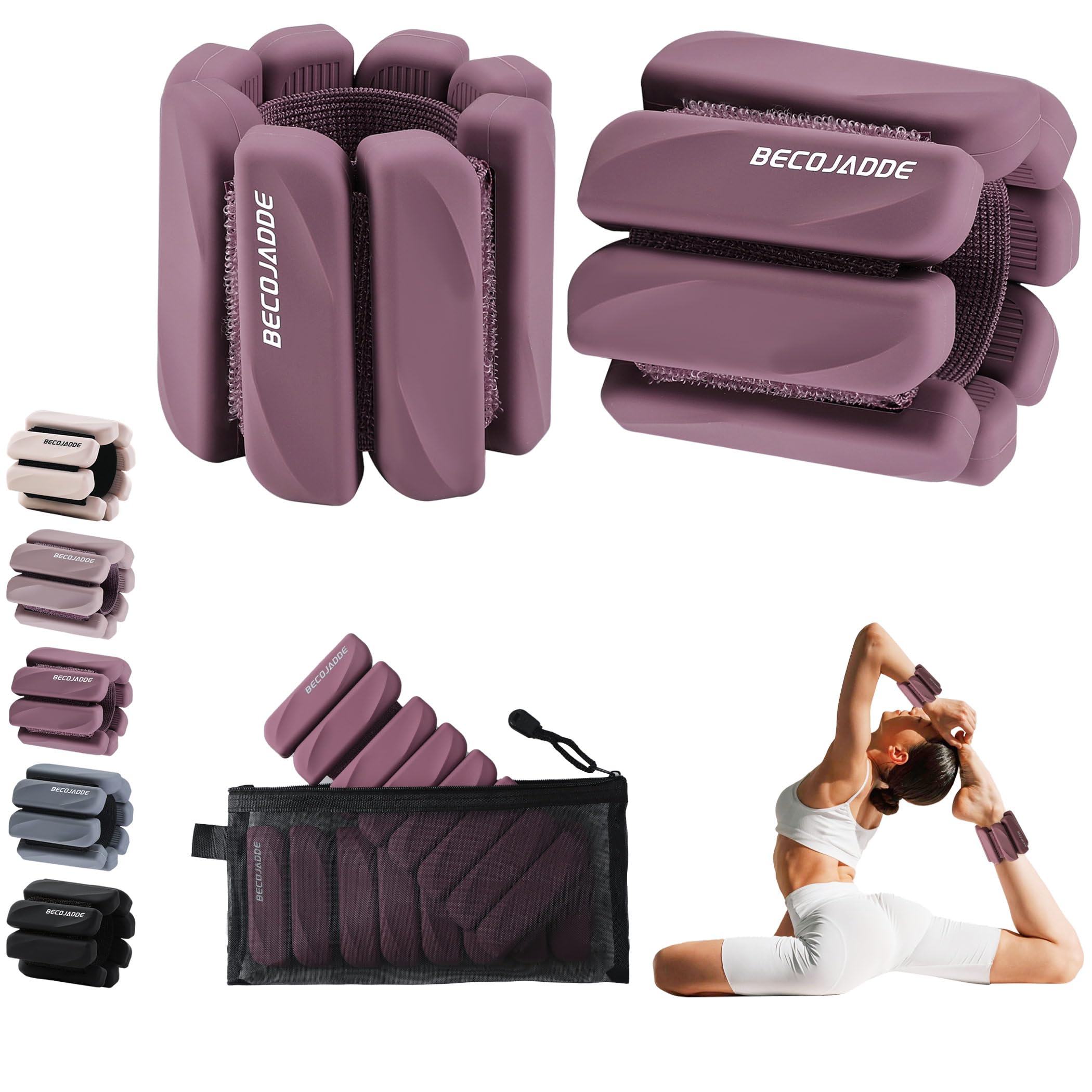 BECOJADDE Ankle Weights for Women Men Set of 2 (0.9 Kg Each) Adjustable Wrist Weights Bracelet for Home Gym Weighted Wristbands Leg Arm Weights for Walking Swimming Running Pilates Yoga Deep Plum โ image 1