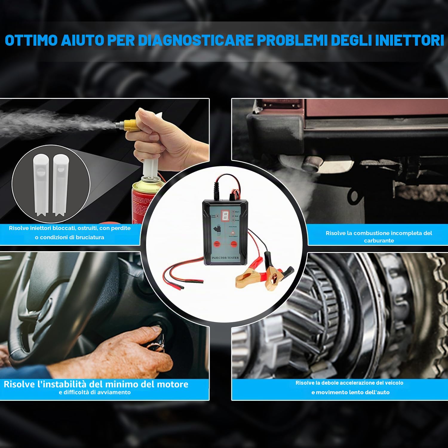 ZKTOOL Tester per Iniettori Automobilistici, 2 Adattatori per la Pulizia degli Ugelli, 8 modalità di Impulso, Strumenti per la Pulizia Fai-da-Te dell'Auto, con Protezione da Cortocircuito