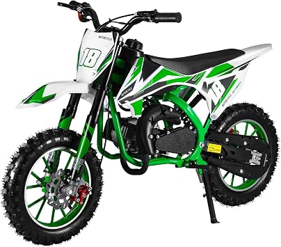 49cc Mini Gas-Powered Dirt Bike, 2-Stroke Engine Off-Road Motorcycle for Kids 814, Dual Front Rear Disc Brakes, Pull-Start, Inverted Hydraulic Shock Absorption, Soft Cushioned Seat Green 18