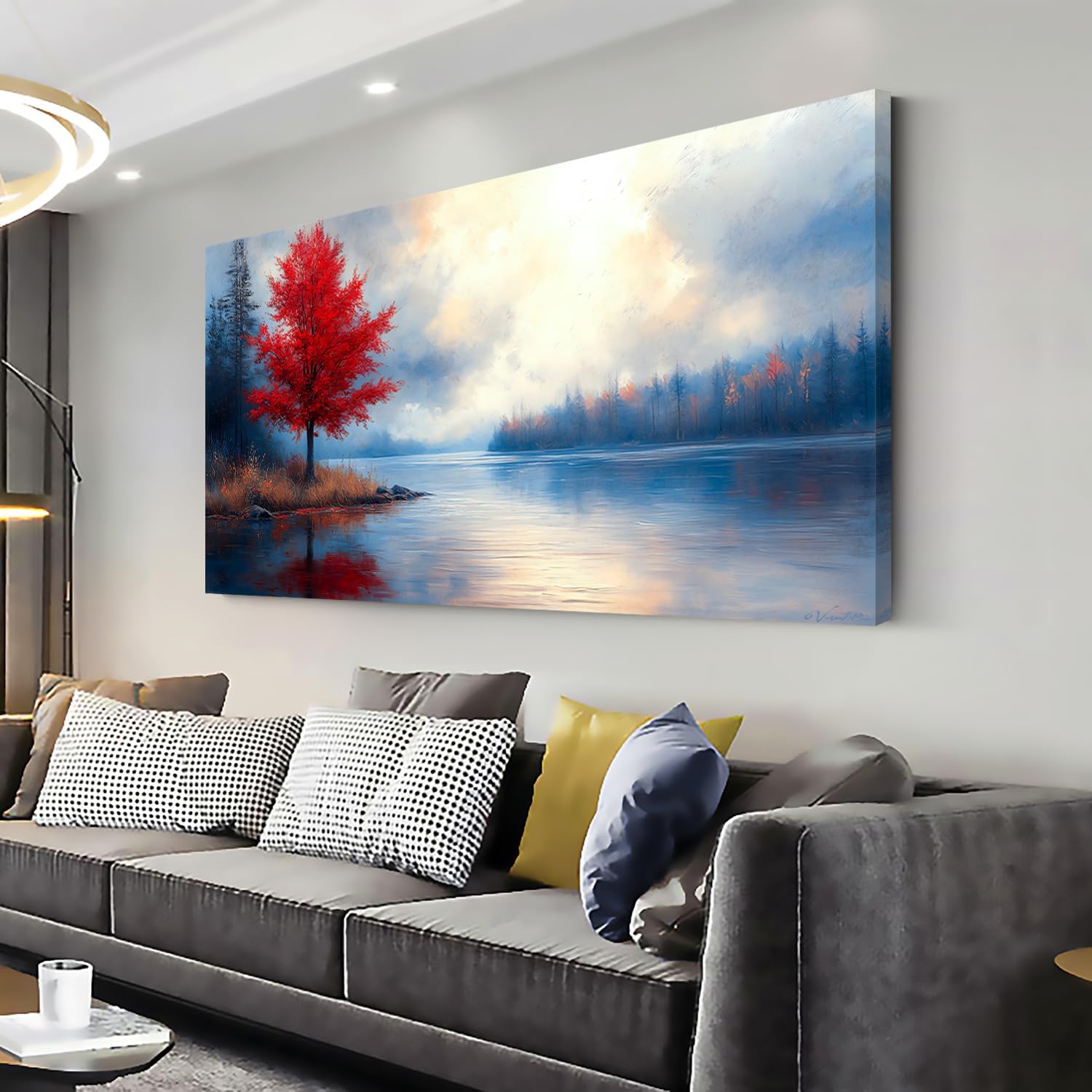 ZESTRILIA Lake Canvas Wall Art Red Maple Tree Oil Painting Reproduction Print Artwork Landscape Picture for Living Room Bedroom Home Office Kitchen Décor (20x40inch) 40L" x 20W" Blue & Red Lake