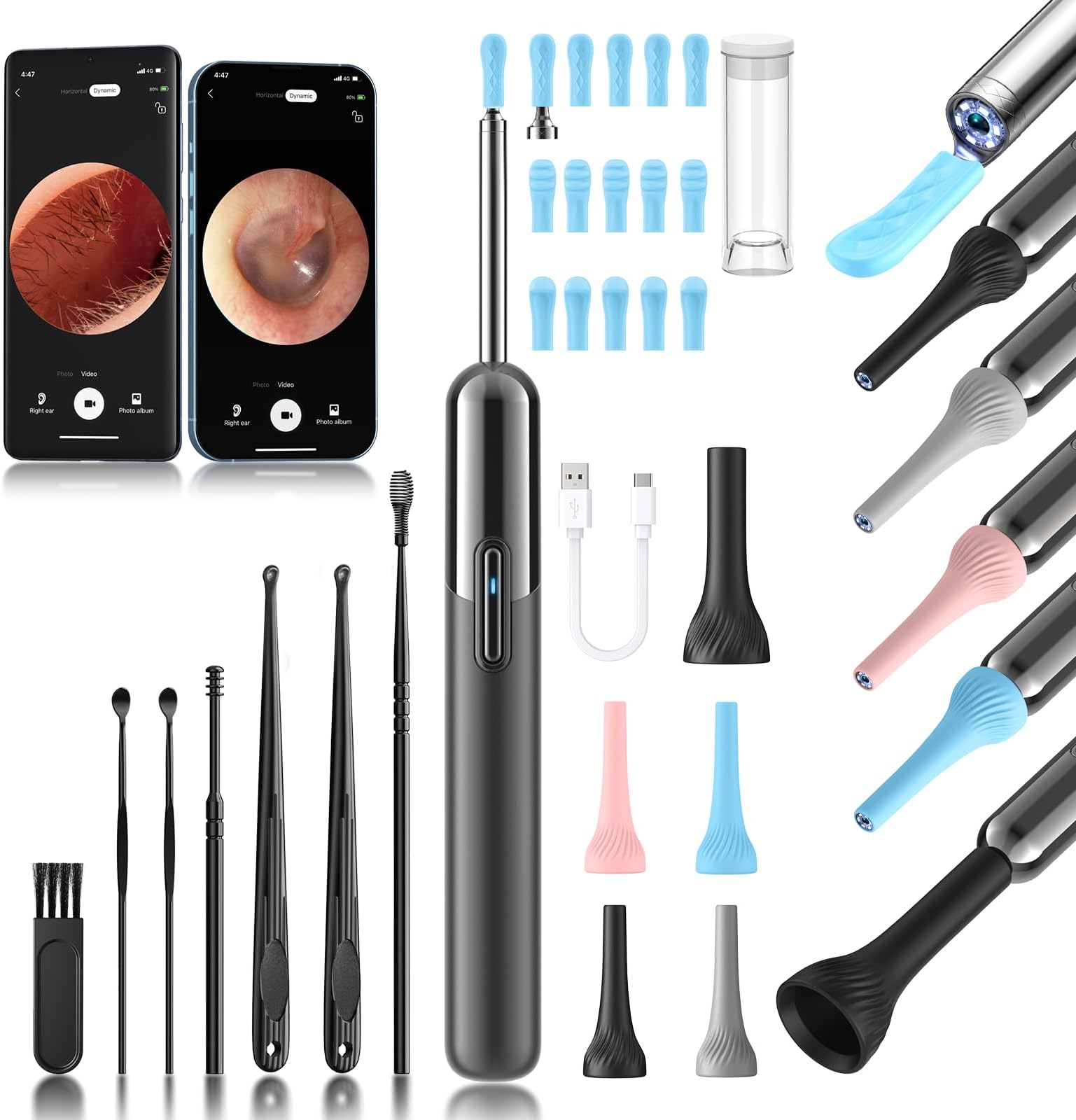 Ear Wax Removal - 3 in 1 Wireless WiFi Rechargeable Ear Cleaner, Hassle Instant Removes Ear Wax, 1080P HD Camera Lens & 7 Pcs Ear Set, Ear Cleaning Kit with 15 Replacement Tips, Gray