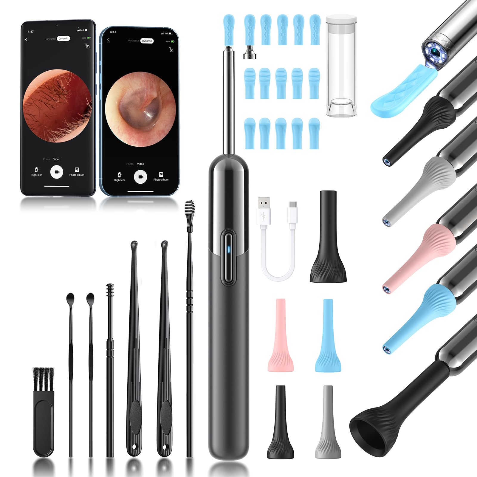 Ear Wax Removal - 3 in 1 Wireless WiFi Rechargeable Ear Cleaner, Hassle Instant Removes Ear Wax, 1080P HD Camera Lens & 7 Pcs Ear Set, Ear Cleaning Kit with 15 Replacement Tips, Gray
