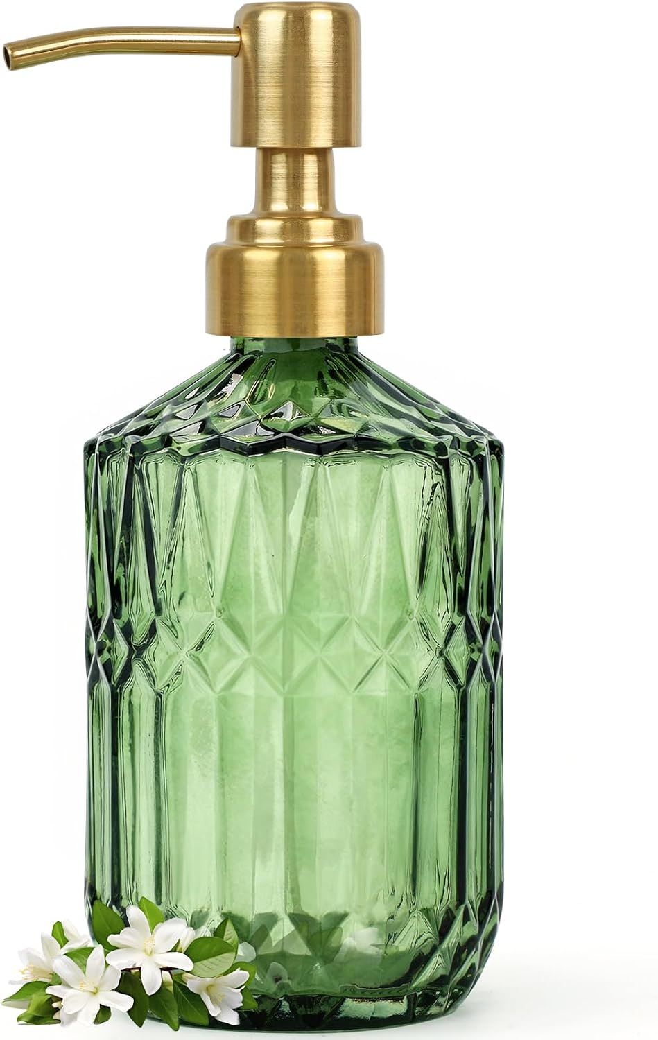 Green Glass Soap Dispenser (15.4 Oz, 2 Pack), Kitchen Hand and Dish Soap Dispenser Set with Golden Rust Proof Pump, Vintage Bathroom Hand Soap Lotion Dispensers