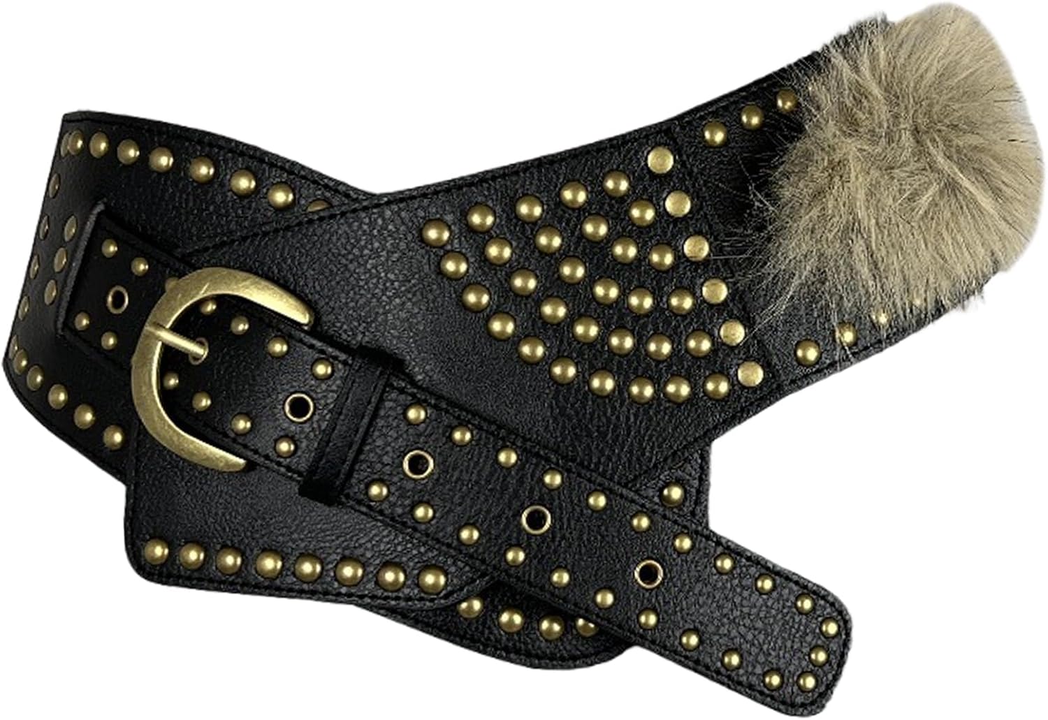 AIBEARTY Women's Vintage Rivet Studded Wide Leather Belt with Faux Fur,Punk Y2K Buckle Waist Cincher Waistband