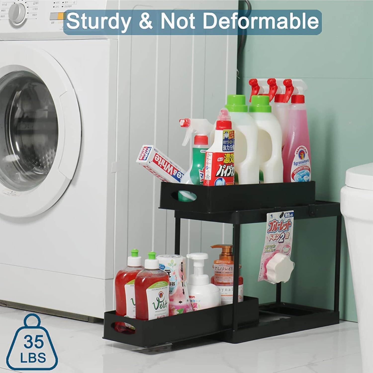 Kitchen Organizer Under Sink Organizer Rack - 2 Tier Under Cabinet Counter Storage Shelf with Sliding Pull Out Drawer - Multi-Purpose Under Sink Storage for Bathroom Kitchen, Black/Double Layer ( )