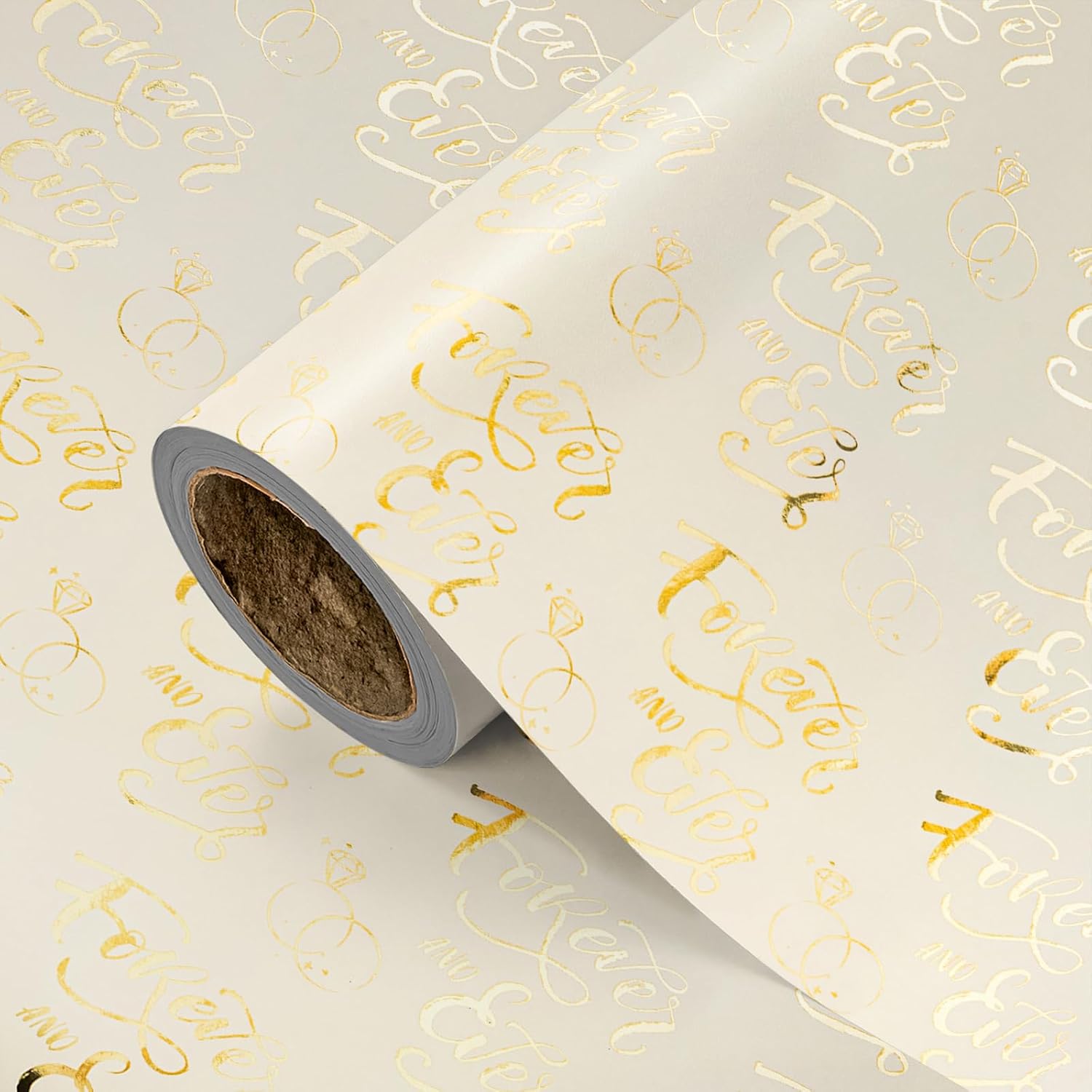 LeZakaa Wedding Wrapping Paper Roll, Love Ring Design Gift Wrap Paper with Silver Foil for Bridal Shower, Engagement, Anniversary, Wedding, Valentines, 17 in x 9.8 ft