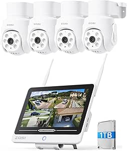 ZOSI 8CH 5MP Wi-Fi 6 Security Camera System with 12" LCD Monitor,4pcs 5mp Pan Tilt Plug-in WiFi Cameras Outdoor Indoor,AI Person Detection,Color Night Vision,2-Way Audio,1TB HDD for 24/7 Recording asin的图片