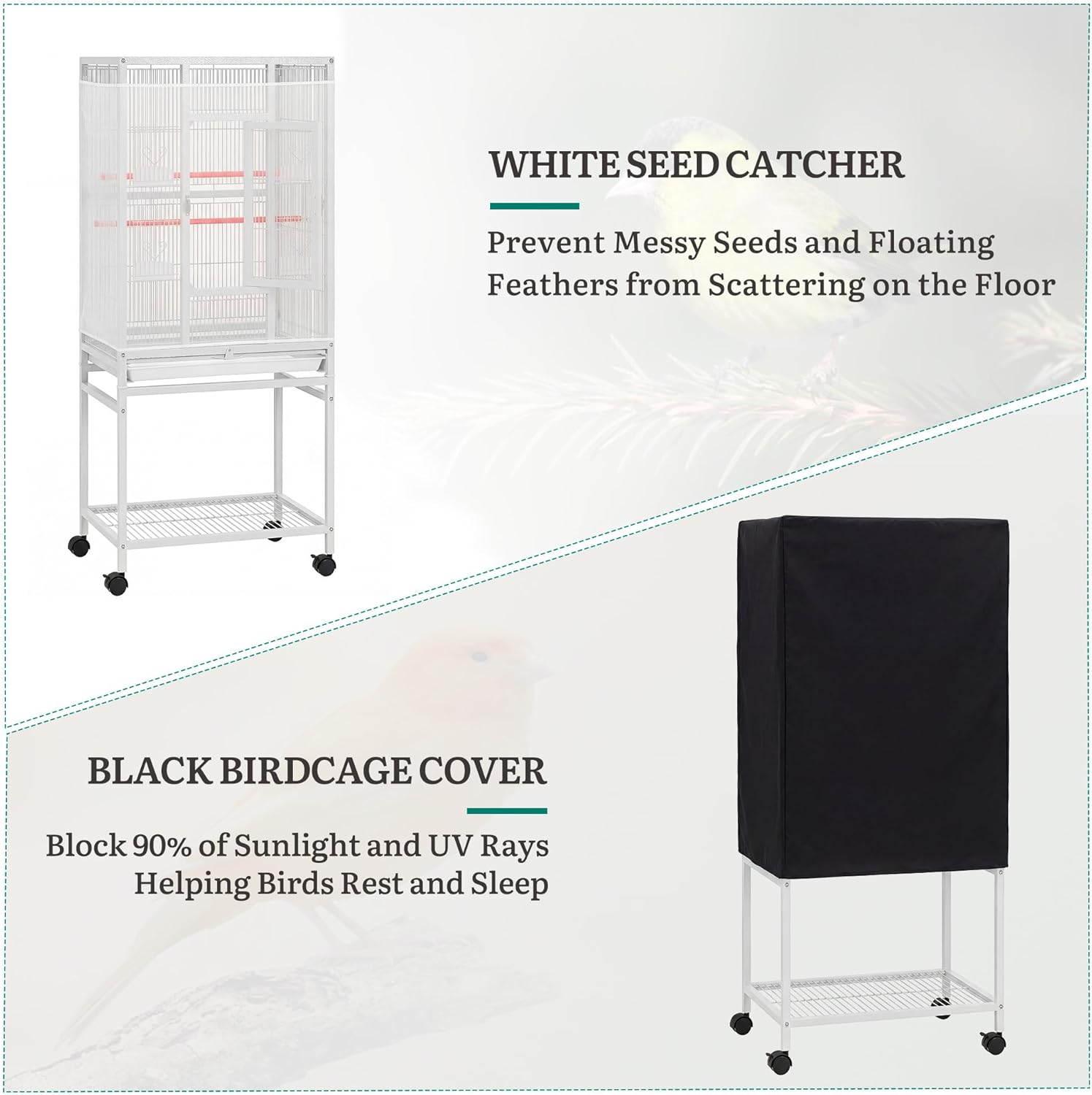 DWVO 53.9-Inch Metal Bird Cage: Large Parrot Cages with Seed Catcher & Cover - Rolling Stand with Brakes for Parakeets, Lovebirds, Cockatiels, Finches and Pigeons