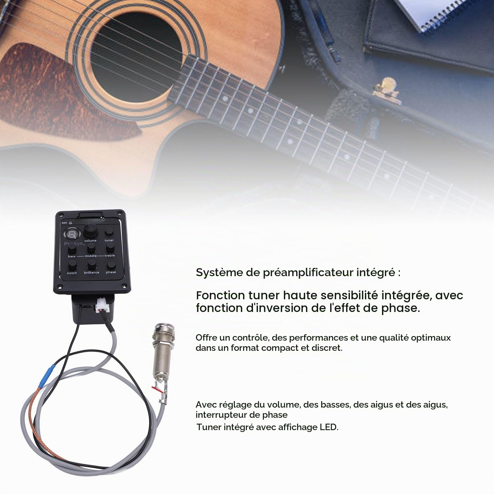 Préampli EQ pour Guitare, Affichage LED, Préamplificateur de Guitare, égaliseur EQ, Préampli de Scène avec Fonction de Phase pour Presys Plus