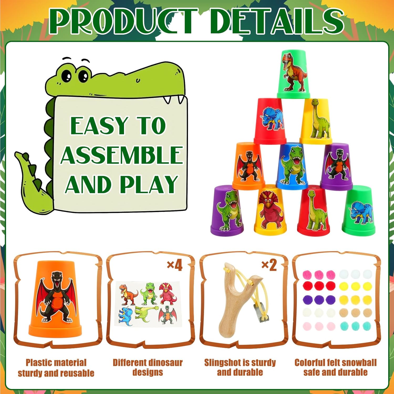 Dinosaur Sling Shot Game for Kids - 2 Wooden Slingshots,24 Plastic Cups & 30 Pom Poms,Carnival Toss Games Indoor Outdoor Party Activities,Birthday Decorations