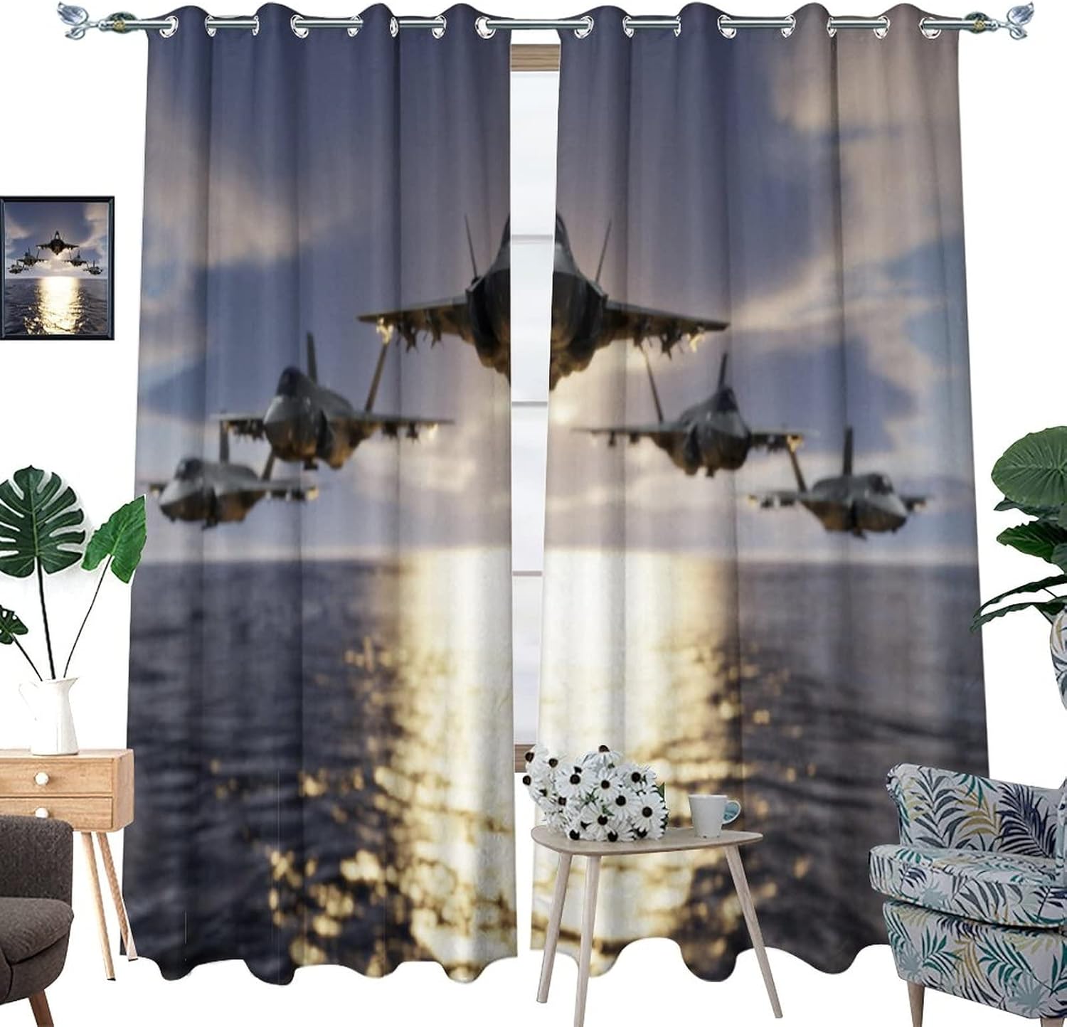 Coastal Fighter Airplane Curtains,Nautical Ocean Sun Rise American Aircraft Window Treatments Thermal Insulated Grommet Blackout Drapes for Bedroom 54L x 21W,2 Panels