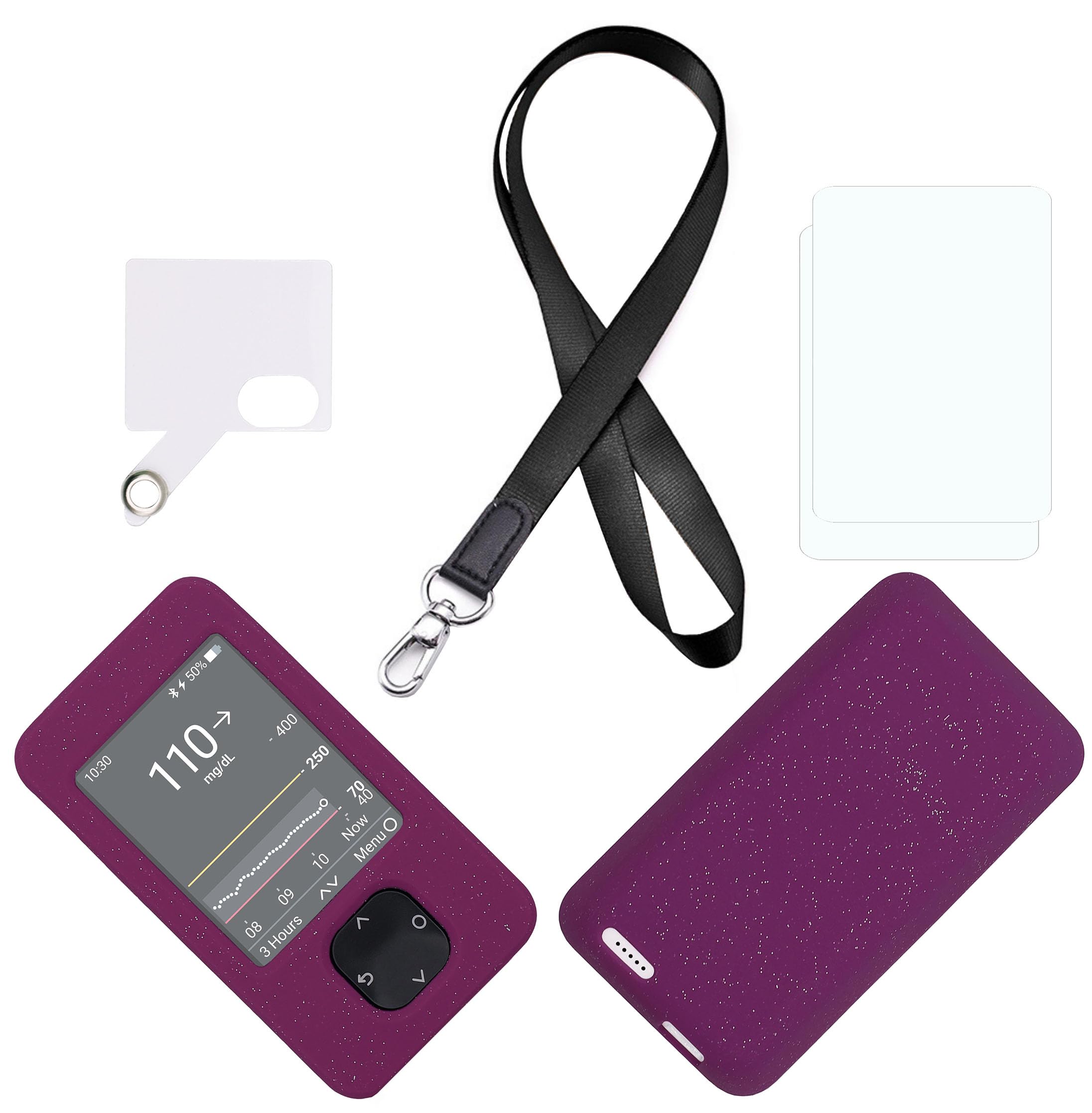 SNK Coque en silicone pour récepteurs Dexcom G7 et G6 avec cordon de serrage, cordon patch et protecteur d'écran Violet pailleté