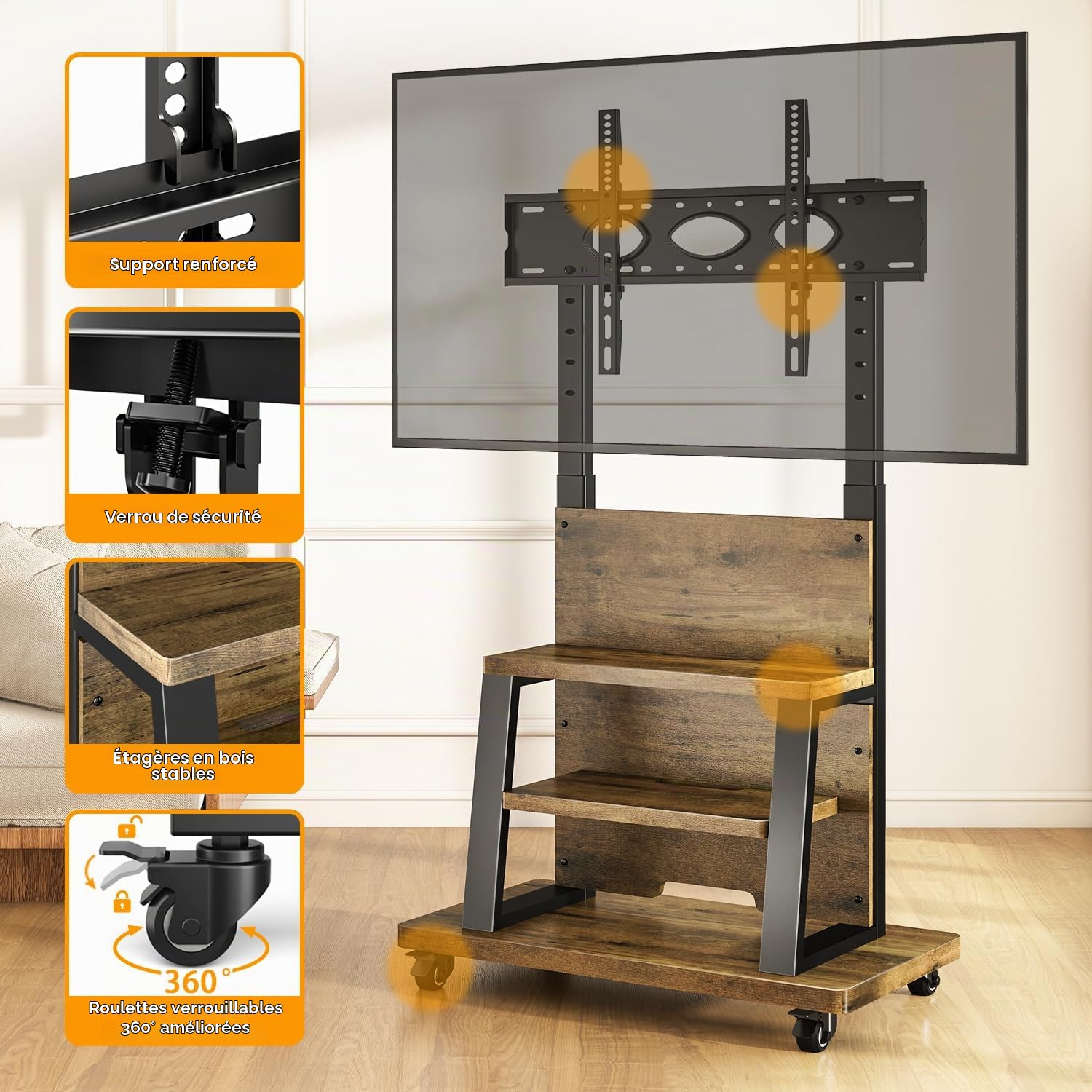 Support de télévision Roulant avec roulettes pour écrans de 32 à 75 Pouces, Support TV Roulette et Grand Espace de Stockage – Support TV sur Pied réglable en Hauteur, avec Une capacité Max de 68 kg
