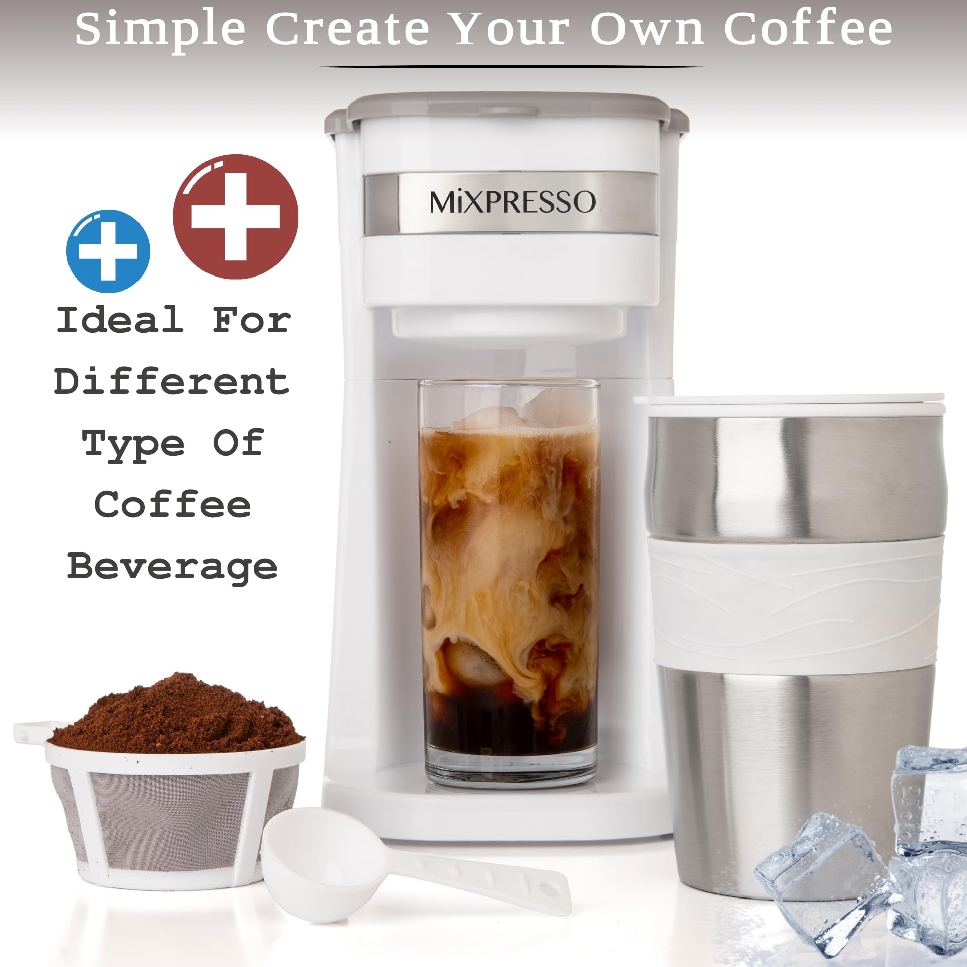 Mixpresso Cafetera personal blanca de una sola porción con taza de viaje de 14 onzas, cafetera pequeña de goteo con apagado automático, filtro reutilizable, funciona solo con café molido, no para
