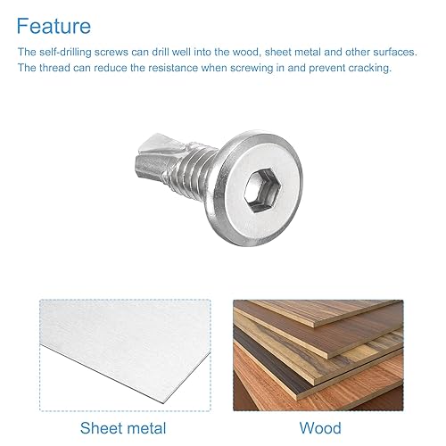 Miniatura 3 de uxcell Tornillos autorroscantes hexagonales, 14 x 34 "410 Tornillo de perforación de cabeza plana de chapa de acero inoxidable 410, 100 piezas,