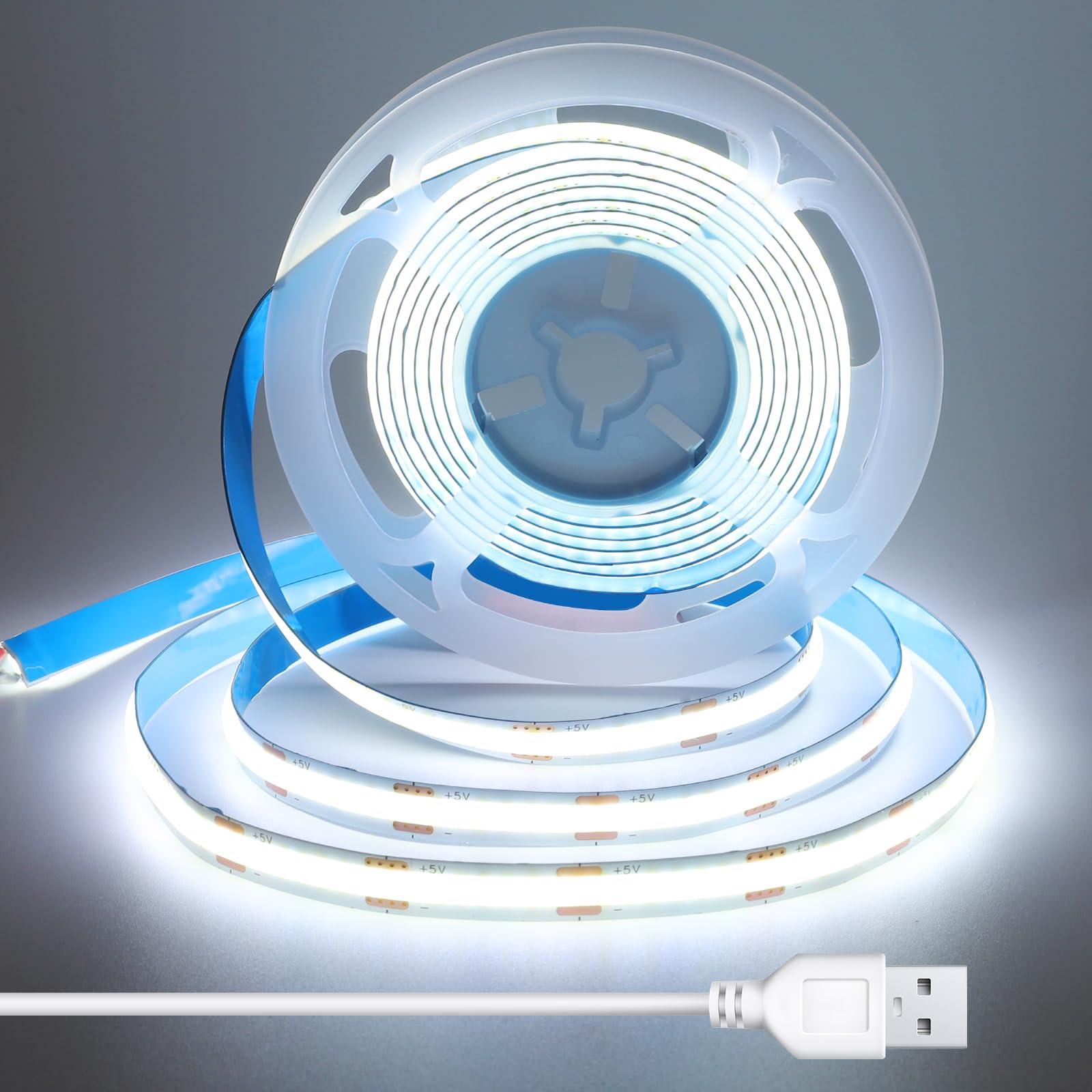 BERIXDEEP 2m COB LED Streifen mit 1.5m USB Kabel, Punktlos, 8mm Breit, CRI 92+, Flexibel und Selbstklebend, Kaltweiße Lichtband für Schreibtisch, Monitor, Wohnwagen, Kleiderschrank, 6000K