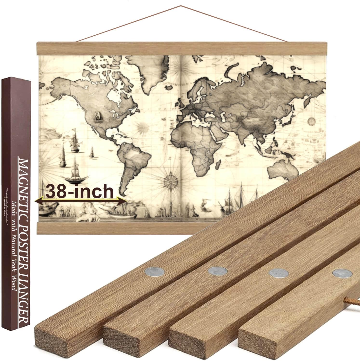 38" Magnetic Poster Hanger Frame - Sturdy Teak Wood Poster Frame 38x24 38x26 38x28 38x32, Strong Magnets for Easy Hanging Map Picture Canvas Print Scroll Wall Art (38 Inch, Natural Wood)