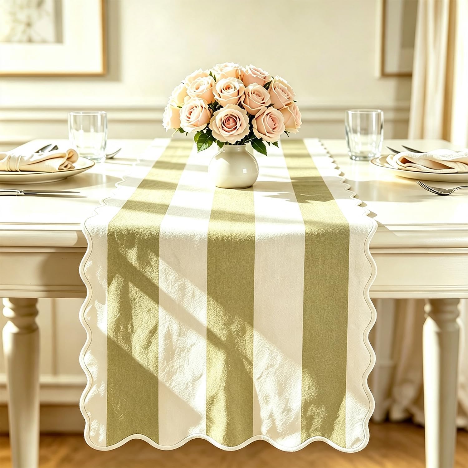Scalloped Table Runner Stripe(13x72Inch, Green & White) | Linen Cotton Fabric, Thin Durable Soft, Trendy Design Decorative Couch, Sofa, Coffee, Dresser Scarfs, Dinner Table,Boho Sytle