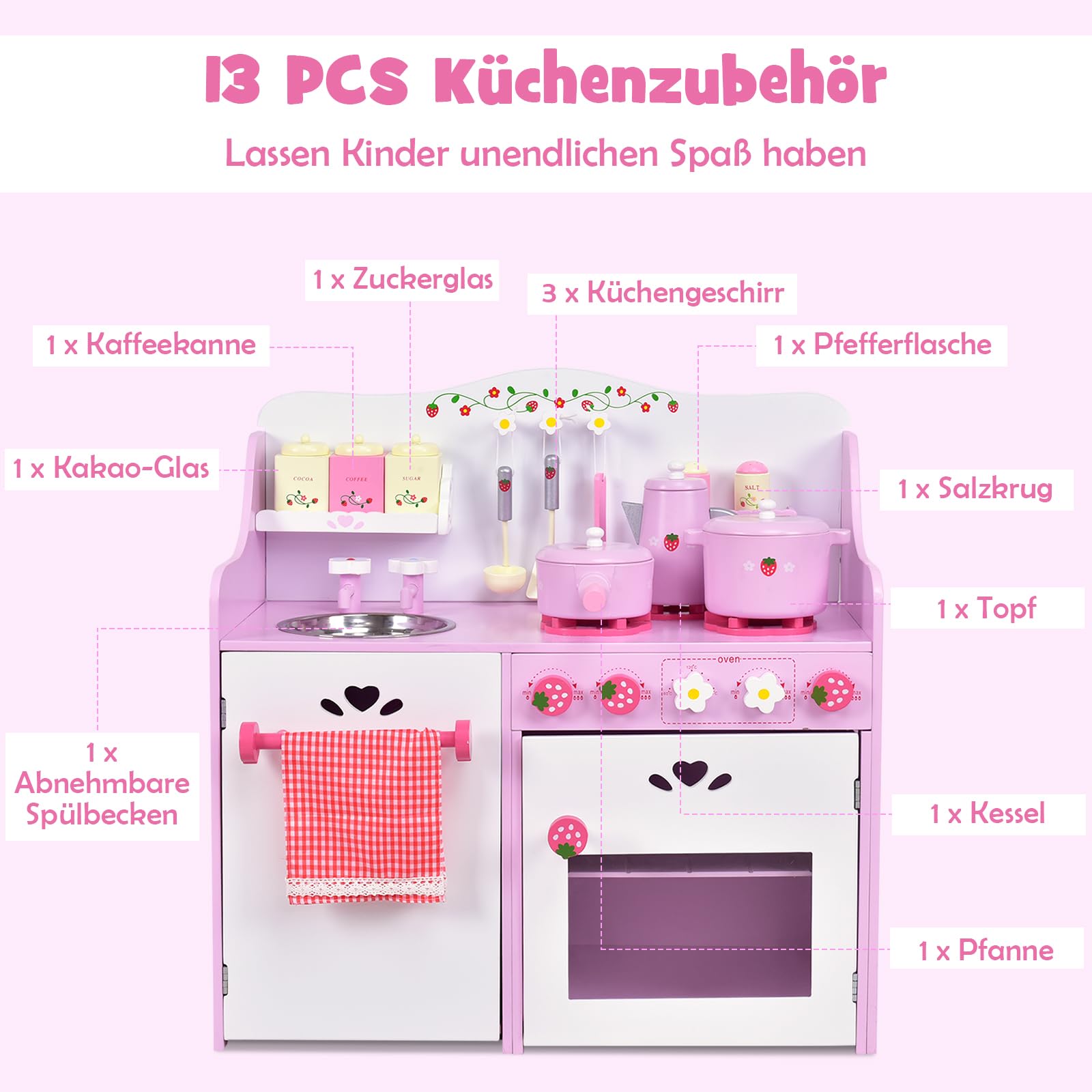 DREAMADE Kinderküche Spielküche aus Holz mit Spielzubehör, Kinderspielküche mit Waschbecken Herd Backoffen, Holzküche Spielzeugküche für Kinder ab 3 Jahren, 60 x 30 x 62 cm