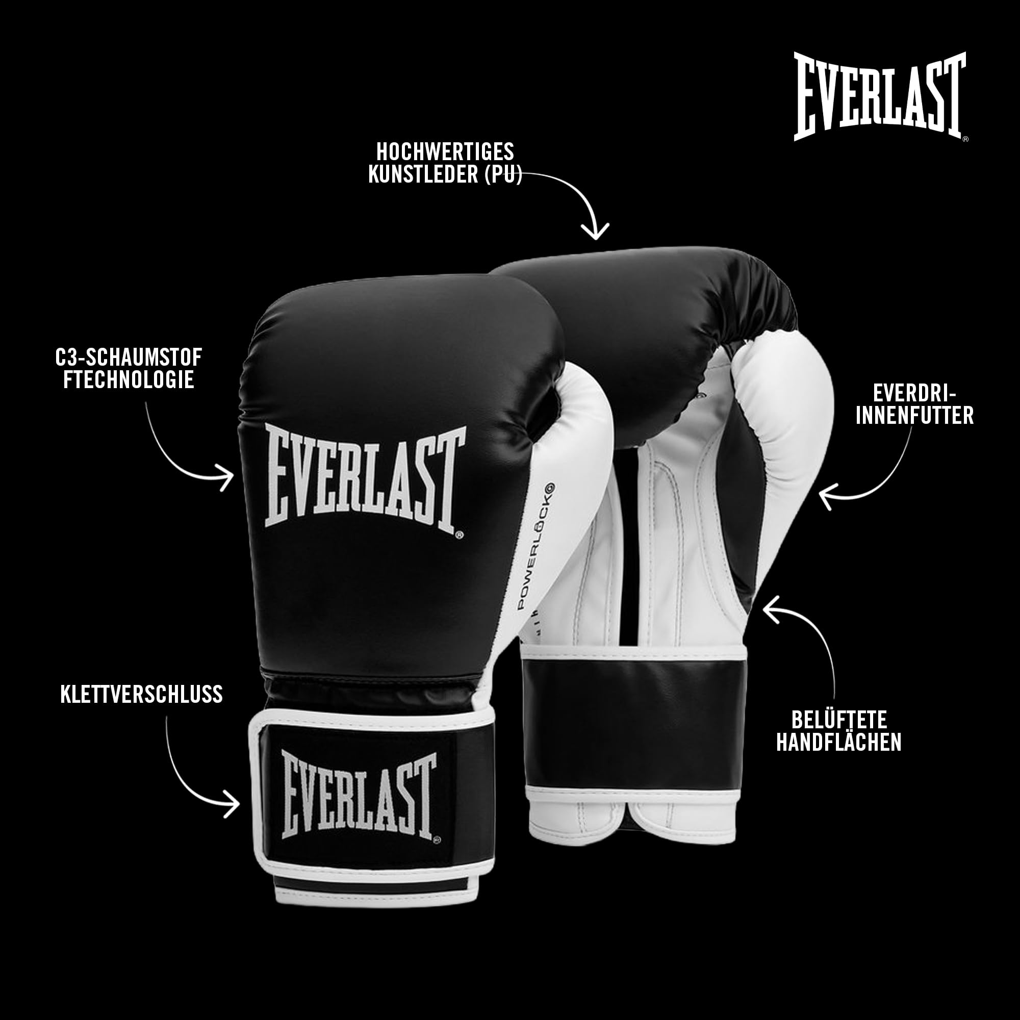 Everlast Powerlock OG Trainingsset, Schwarz/Weiß | Enthält schwarze Powerlock-Boxhandschuhe mit Klettverschluss für Sandsäcke und 120-cm-Bandagen