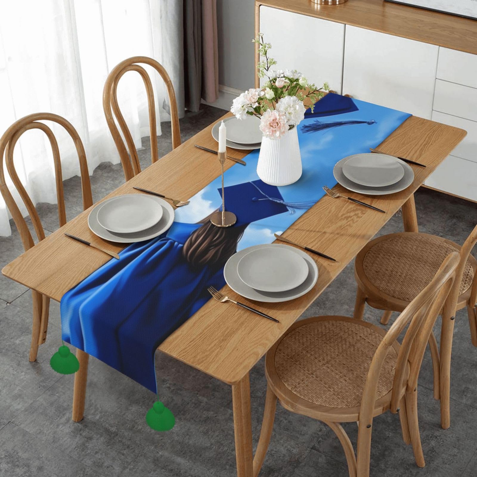 Chemin de table en lin bleu 35x152 cm avec imprimé diplôme